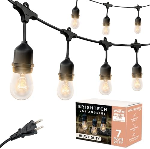 Brightech Ambience Pro Incandescent Outdoor String Lights - Commercial Grade Waterproof Patio Lights with 24 Ft Dimmable Edison Bulbs, Porch String Lights for Patio, Backyard, Christmas - 7 Bulbs 11W by Brightech
