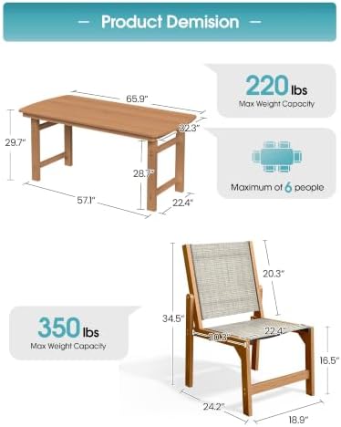 Ciokea HDPE Outdoor Dining Set, Patio Table and 6 Stackable Chairs, Teak - Image 2