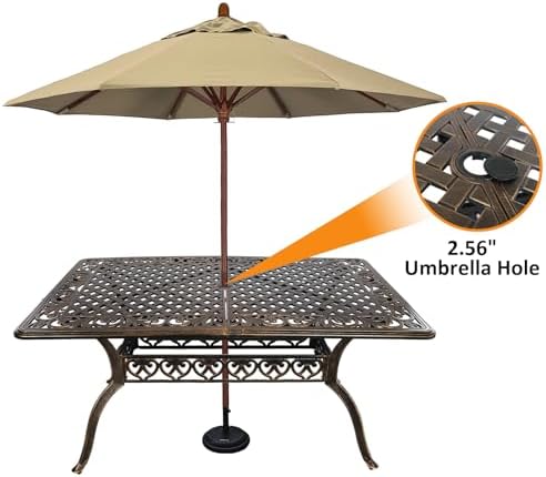 58.66" Bronze Aluminum Hollow Pattern Outdoor Dining Table, Fits 8, With Umbrella Hole - Image 5
