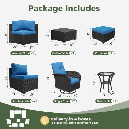 Aoxun 12 Piece Outdoor Patio Furniture Set with Coffee Table, Wicker Rattan Outdoor Furniture with High Back Swivel Rocker Chairs, Outdoor Conversation Set with Thick Cushion & Ottoman, Peacock Blue - Image 2