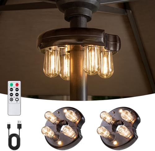 Patio Umbrella Light with Remote Control, Rechargeable Cordless LED Edison Bulbs Pole Light with 10 Brightness Levels for Garden, Patio, Backyard, Camping or BBQ - Brown (2 Pack) by OPOIRA