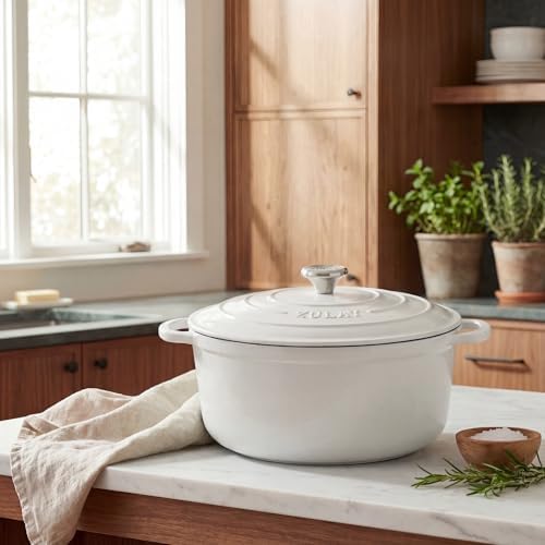 Zulay Kitchen 6.4QT Enameled Cast Iron Dutch Oven Pot with Lid, Heavy-Duty Soup Pot for Stews, Braising, Roasting & Sourdough Bread Baking, Oven Safe up to 500°F - White - Image 2