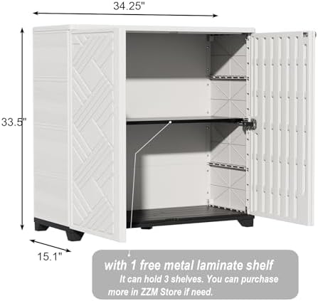 ZZM Indoor/Outdoor Storage Cabinet Waterproof, 34"x15"x34" Plastic Outdoor Storage Box for Garden Balcony Bathroom, All Weather Outdoor Storage Clearance, DIY Usage, with 1 Shelf (White) - Image 3
