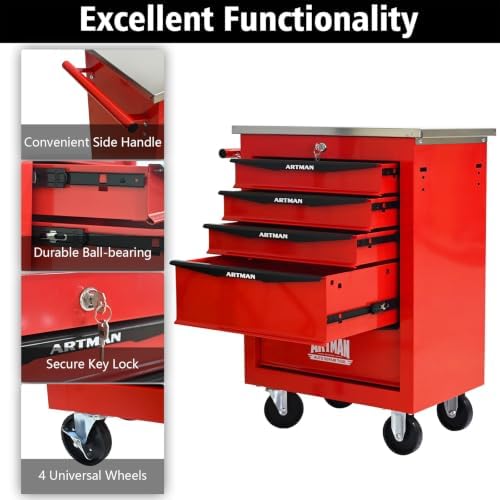 5-Drawer Heavy-Duty Rolling Tool Chest with Wheels & Steel Roof, Lockable Tool Chest Storage Cabinet for Garage, Workshop, Warehouse, and Repair Shop - Image 5