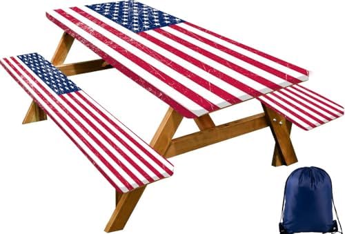 CAPSCEOLL Fitted Picnic Table Cover with Bench Covers 8ft - American Flag by CAPSCEOLL