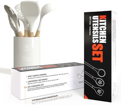 oannao Silicone Cooking Utensils Set - 446°F Heat Resistant Silicone Kitchen Utensils for Cooking,Kitchen Utensil Spatula Set w Wooden Handles for Non-Stick Cookware, BPA FREE (Cream White) - Image 5