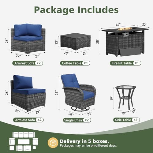 Aoxun 11 Piece Outdoor Patio Furniture Set with 44'' Fire Pit Table, Wicker Rattan Outdoor Furniture with High Back Swivel Rocker Chairs, Outdoor Sofa Set with Thick Cushion & Side Table, Navy Blue - Image 2