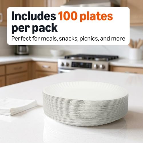 Amazon Basics 9" Uncoated White Paper Plates, Microwave Safe, Commercially Compostable, 1200 Count (Pack of 12) - Image 3