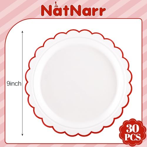 NatNarr 30 Pcs Red Paper Plates 9" Scalloped Red White Party Plates - Image 2