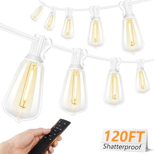 Brightever 120FT LED Outdoor String Lights with Remote, Patio Lights Outdoor Waterproof with 38 Shatterproof Edison Bulbs, Dimmable Outside Hanging Light for Birthday, Party, Christmas Decor, White by Brightever