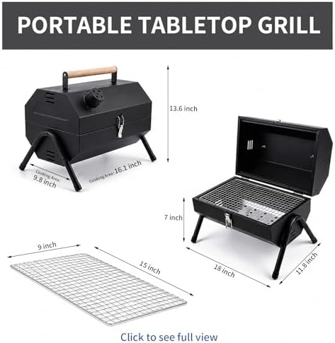 Tabletop Charcoal Grill, Portable Foldable Tabletop BBQ Grill with Dual Sided Griddle & Grill, Compact Folded Design, Thickened Body for Camping, Picnic & Outdoor Cooking - Image 2