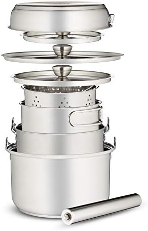 Camping Cookware Set 304 Stainless Steel 8-Piece Pots & Pans Open Fire Cooking Kit | Frying Pan Steamer with Travel Tote Bag | Compact For Outdoors & Indoors Kitchen Family Campfire Hiking RV - Image 2