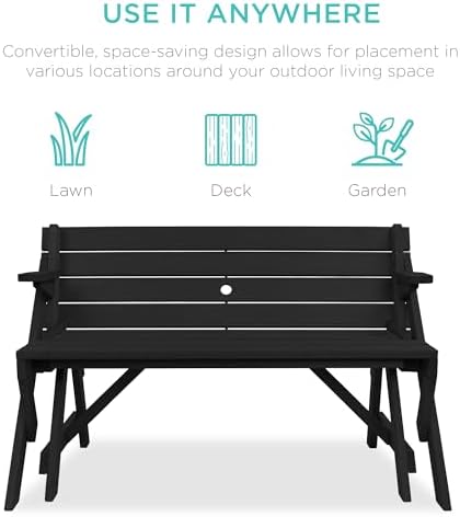 Best Choice Products 2-in-1 Transforming Interchangeable Outdoor Wooden Picnic Table Garden Bench for Backyard, Porch, Patio, Deck w/Umbrella Hole - Black - Image 4