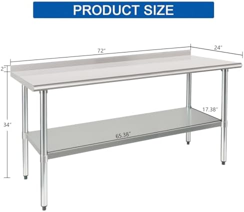 HARDURA Stainless Steel Prep & Work Table 24 x 72 Inches Backsplash - Image 2