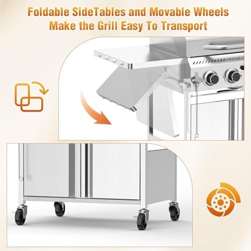R.W.FLAME 4-Burner Gas Grill, Propane Grill with Folding Side Tables, Heavy-Duty Thickened Stainless Steel Grill, 32,000 BTU BBQ Grill for Outdoor Cooking, Barbecue, Garden and Patio Backyard - Image 4