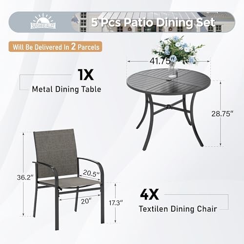 5pc Patio Dining Set for 4, Outdoor 42" Round Metal Table & 4 Brown Chairs - Image 5