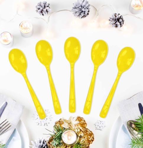 SietDESEO 50 PCS Yellow Plastic Spoons Disposable Utensils Heavy Duty Yellow Spoons Disposable Cutlery for Birthday Wedding Baby Shower Bridal Shower Plastic Silverware - Image 2
