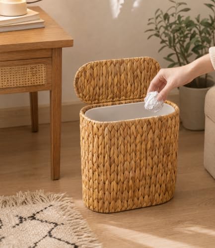 3 Gallon Wicker Trash Can with Lid, Natural Water Hyacinth Waste Basket - Image 2