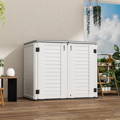 Mrosaa Outdoor Patio Storage Shed,Waterproof Horizontal Outdoor Storage Cabinet for Garbage Cans,Tools and Lawnmower Lockable(34 Cu.ft-Warm-White) - Image 2