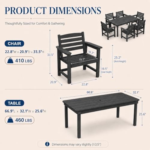 7 Pcs Outdoor Patio Dining Set, HDPE Table & Chairs with Umbrella Hole - Image 3
