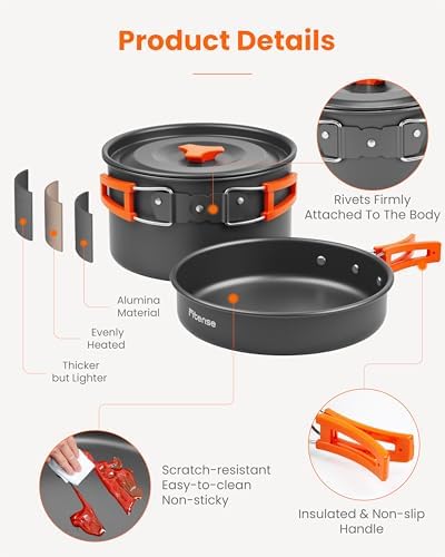 Fitense 21Pcs Camping Cookware Mess Kit for 2, Lightweight Camping Kitchen Pots and Pans Set, Portable Cooking Essentials for Backpacking, Hiking and Picnic - Image 4