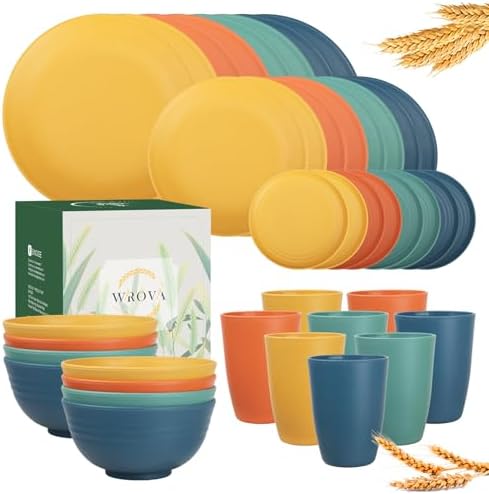 Wrova 40Pack plates and bowls sets for kids - Unbreakable wheat straw dinnerware sets service for 8 - Alternative plastic 40pcs dish sets for kitchen, camping and indoors dinning - (Colorful) by WROVA