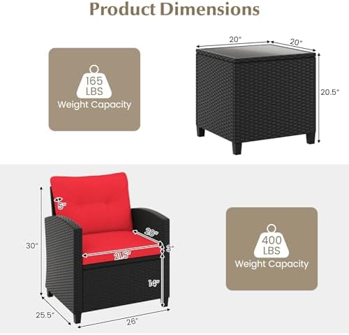 Tangkula 3 Pieces Patio Furniture Set, Rattan Conversation Set w/Soft Seat & Back Cushions, Tempered Glass Topped Coffee Table, Cushioned Wicker Seating for Backyard, Porch, Poolside (Red) - Image 5