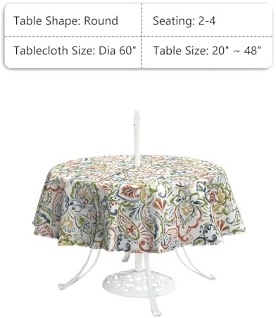 LVTXIII Round Outdoor Tablecloth with Umbrella Hole and Zipper, Water-Repellent 60 Inch Patio Table Cover for Bistro, Garden, Patio & Picnic, Paisley Botanical - Image 3