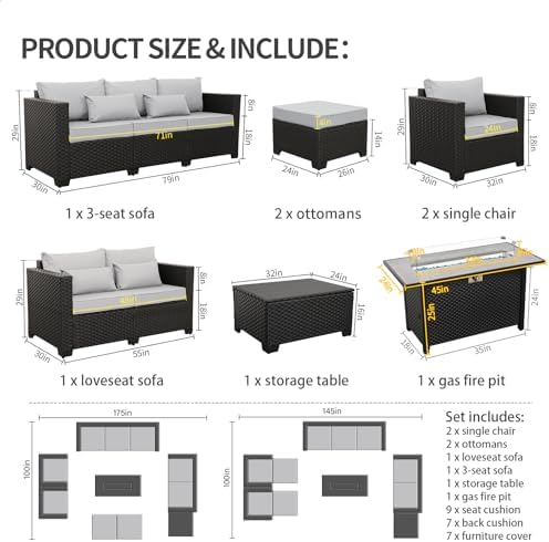 Rattaner 8 PCS Outdoor Furniture Sets 60000BTU 45-Inch Outdoor Propane Fire Pit Table Patio Furniture Set No-Slip Cushions and Waterproof Covers, Light Grey - Image 6