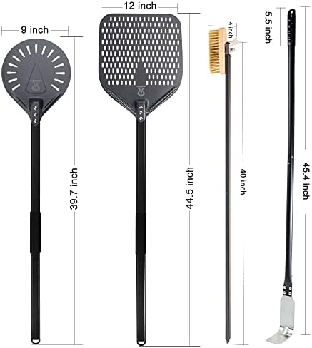 Pizza Turning Peel 9 Inch Perforated Pizza Peel and Pizza Brush Ash Rake 4 Piece Wood Fired Commercial Pizza Oven Utensil Kit with 40-Inch Aluminum Handle - Image 2