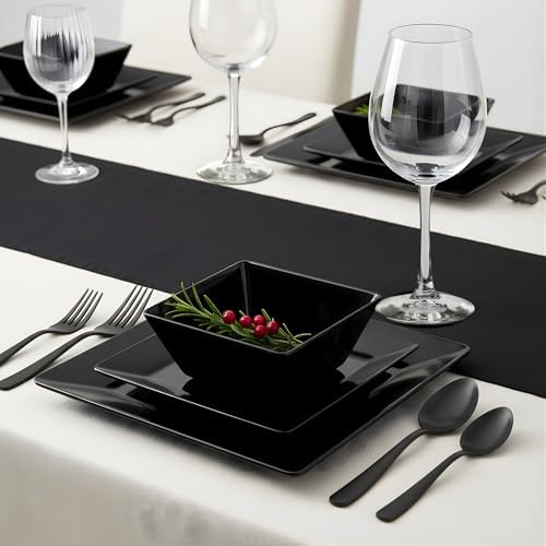 TP 12-Piece Melamine Dinnerware Sets, Square, Service for 4, Black - Image 4