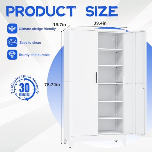 GAIOUS 79" Tall Metal Storage Cabinet with Lock,2 Door Steel Bookcase White - Image 2