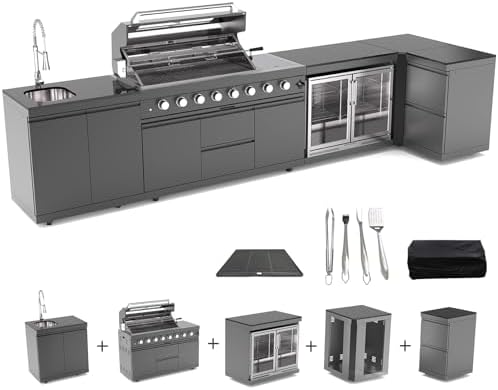 153 Inch Outdoor Kitchen Island, 96000 BTU Propane Gas Grill Combination With Refrigerator and Sink, Drawer Cabinet, Outdoor Stainless Steel Barbecue Bar, BBQ Grill for Patios, Gardens, Parties by Qeeka