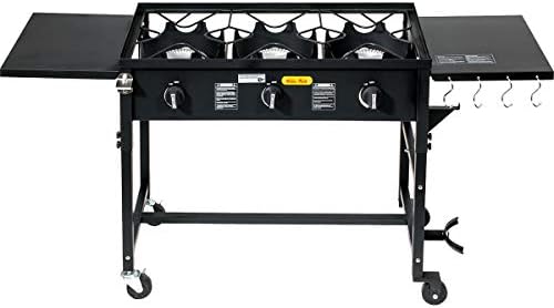 Barton Portable Triple Burner Propane Camp Stove, 87,000 BTU Outdoor Cooking Stove with Side Table, Wheels, Regulator Hose & 4-Hook Utensil Holder for Camping, Tailgating & Backyard Cooking - Image 3