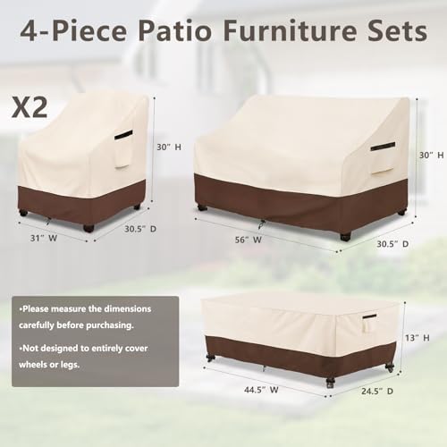 Rileytee Patio Furniture Cover Set, 4 Piece 600D Outdoor Furniture Covers Waterproof, Heavy Duty, Fits Loveseat, 2 Chairs & Coffee Table, Beige & Brown,Small - Image 2