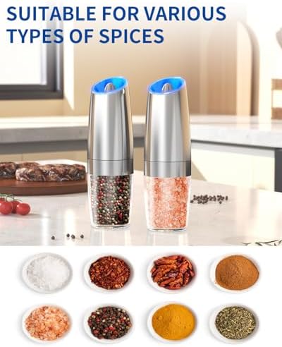 CIRCLE JOY Gravity Electric Salt and Pepper Grinder Set Stainless Steel Automatic Salt and Pepper Grinder Set, Battery Operated, LED Light, Adjustable Coarseness, for Home Kitchen BBQ, Silver - Image 5