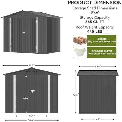 COMHOMA Shed Outdoor Storage Shed Metal,Lockable Doors Tool Sheds with Sloping Roof,Steel Garden Shed with Air Vent for Backyard,Patio,Lawn,Poolside(Grey,8'x6') - Image 4