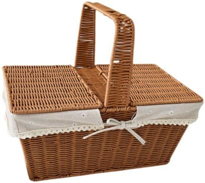 Imitation Rattan Picnic Basket Picnic Hamper Woven Storage Basket Fruit Basket for Bread Fishing Garden BBQ Outdoor Camping- Style B - Image 3