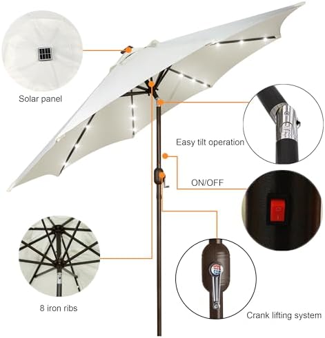 Blissun 9 ft Solar Umbrella, 32 LED Lighted Patio Umbrella, Table Market Umbrella, Outdoor Umbrella for Garden, Deck, Backyard, Pool and Beach (Creamy White) - Image 2