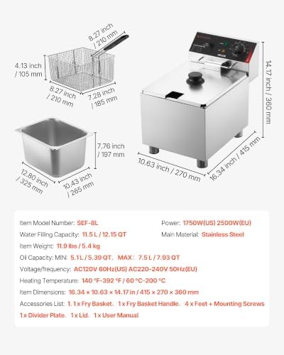 VEVOR Commercial Deep Fryer, Stainless Steel Countertop Fryer with Baskets & Lids, Temp Control, Overheat Protection, for Commercial Restaurant, Single Fryer-12Qt - Image 7