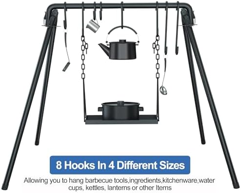 RELIANCER Grill Swing,Campfire Grill Cooking Stand w/8 Hooks & Storage Bag,Cast Iron BBQ Party Swing Grilling Cooking Rack,Outdoor Picnic Camping Cookware Hanging Rack,Collapsible Bonfire Barbecue Set - Image 7