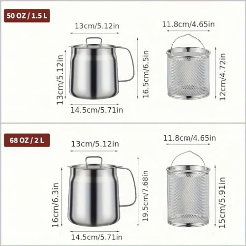 50oz 304 Stainless Steel Deep Fryer Pot with Basket & Strainer, Large Capacity Bacon Grease Container for Kitchen,Frying, Cooking, Camping,Oil Filter Container - Dishwasher Safe (50oz/1.5L/1.7Qt) - Image 6