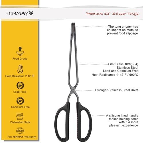 HINMAY 12" Stainless Steel Scissor Tongs with Comfort-Grip Handle (Black) - Image 2