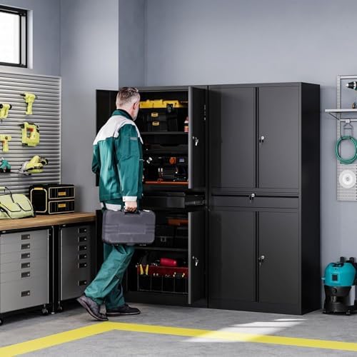 Letaya Metal Garage Storage Cabinet with Drawer,4 Door Tool Cabinet with Lock-2 Adjustable Shelves for Garage Home Office Utility Room (Black) - Image 2
