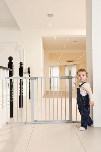 53.46"-55.63" Baby and Pet Safety Gate, 30" Tall Metal Walk-Thru Gate for Doorways & Stairs, Easy One-Hand Open, Dual Lock, Extensions & Wall Mounts Included (White, 29"-54" W x 30.5“H) - Image 6