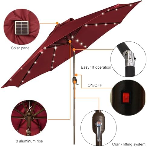 Blissun 9 ft Solar Umbrella, 32 LED Lighted Patio Umbrella, Table Market Umbrella, Outdoor Umbrella for Garden, Deck, Backyard, Pool and Beach (Burgundy) - Image 2
