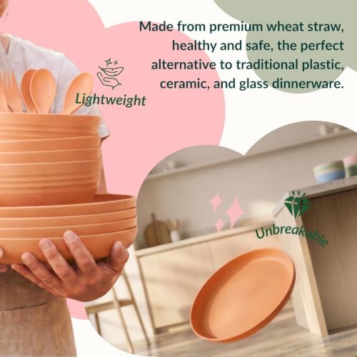 Wheat Straw Dinnerware Sets, Homienly 20pcs Unbreakable Microwave Dishwasher Safe Tableware Lightweight Bowls, Cups, Plates Set Reusable Dinner Plates Bowls set (Orange) - Image 4