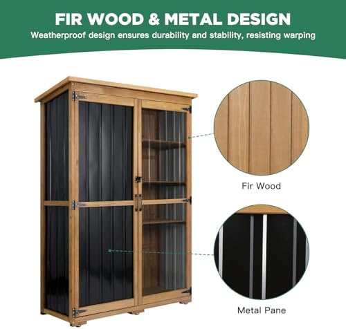 Ketive Outdoor Storage Cabinet, Wood & Metal Storage Shed with Weather-Resistant Roof, Double Lockable Doors, Removable Shelves & Adjustable Feet, for Patio, Backyard, Poolside, 46" x 18" x 68" - Image 3