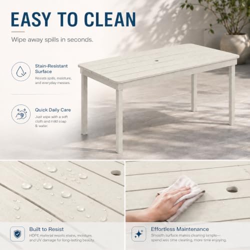 64" Rectangular Outdoor Dining Table, All-Weather HDPE Patio Table for 6-8 Person, Large Composite Wood Furniture with Umbrella Hole for Backyard Deck Garden Poolside, White - Image 6
