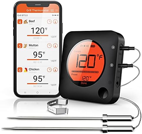 BFOUR Meat Thermometer Wireless Bluetooth, LCD Digital Meat Thermometer with Dual Probe, Wireless Remote BBQ Thermometer for Smoker Kitchen Cooking Grill Thermometer for Grilling BBQ Oven by BFOUR
